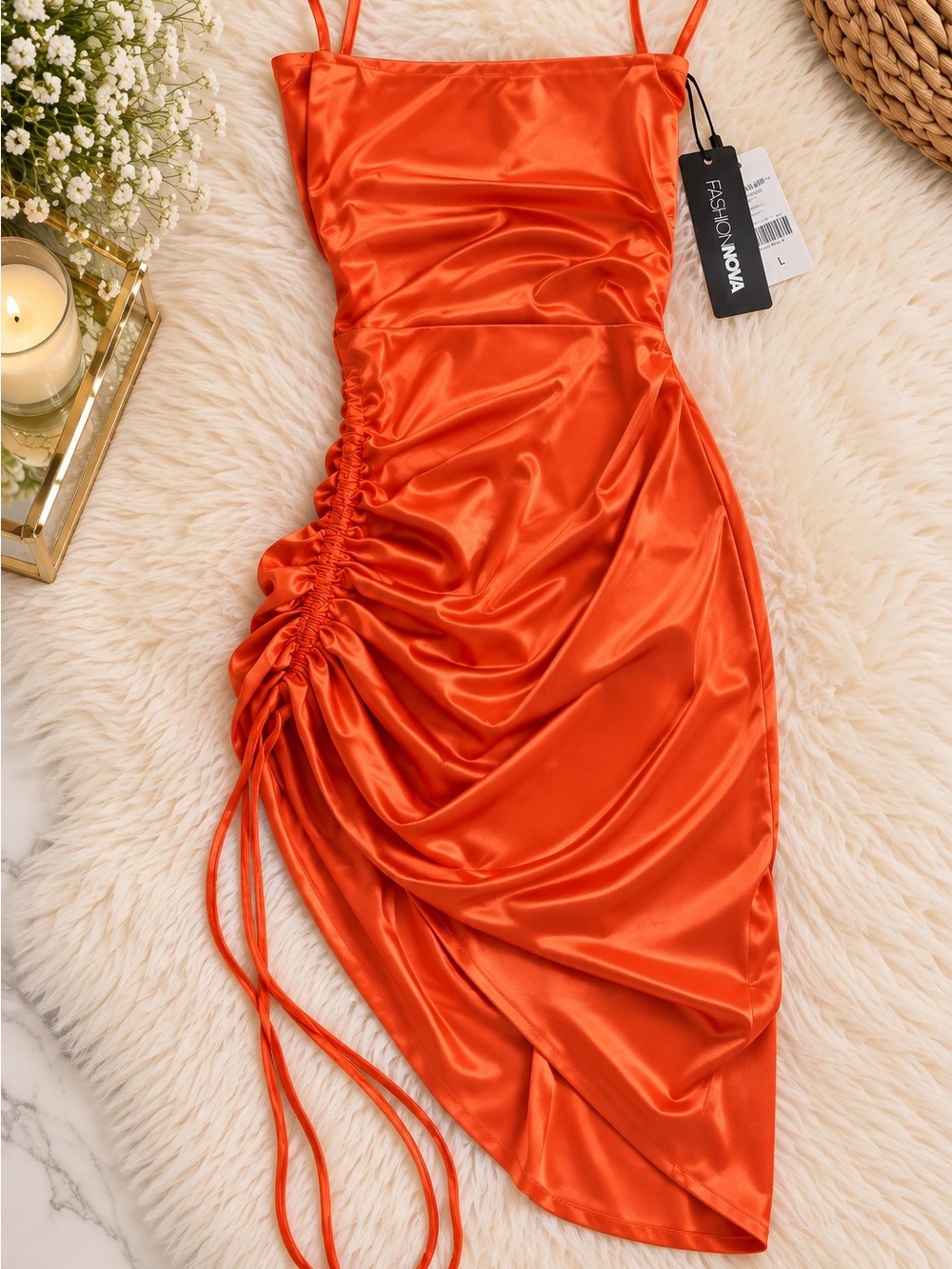 Fashion Nova Bright Orange Satin Asymmetrical Ruched Slip Dress